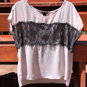 Aqua grey chiffon blouse with black lace panel